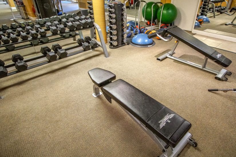 Photo of exercise equipment including two benches, free weights and yoga balls