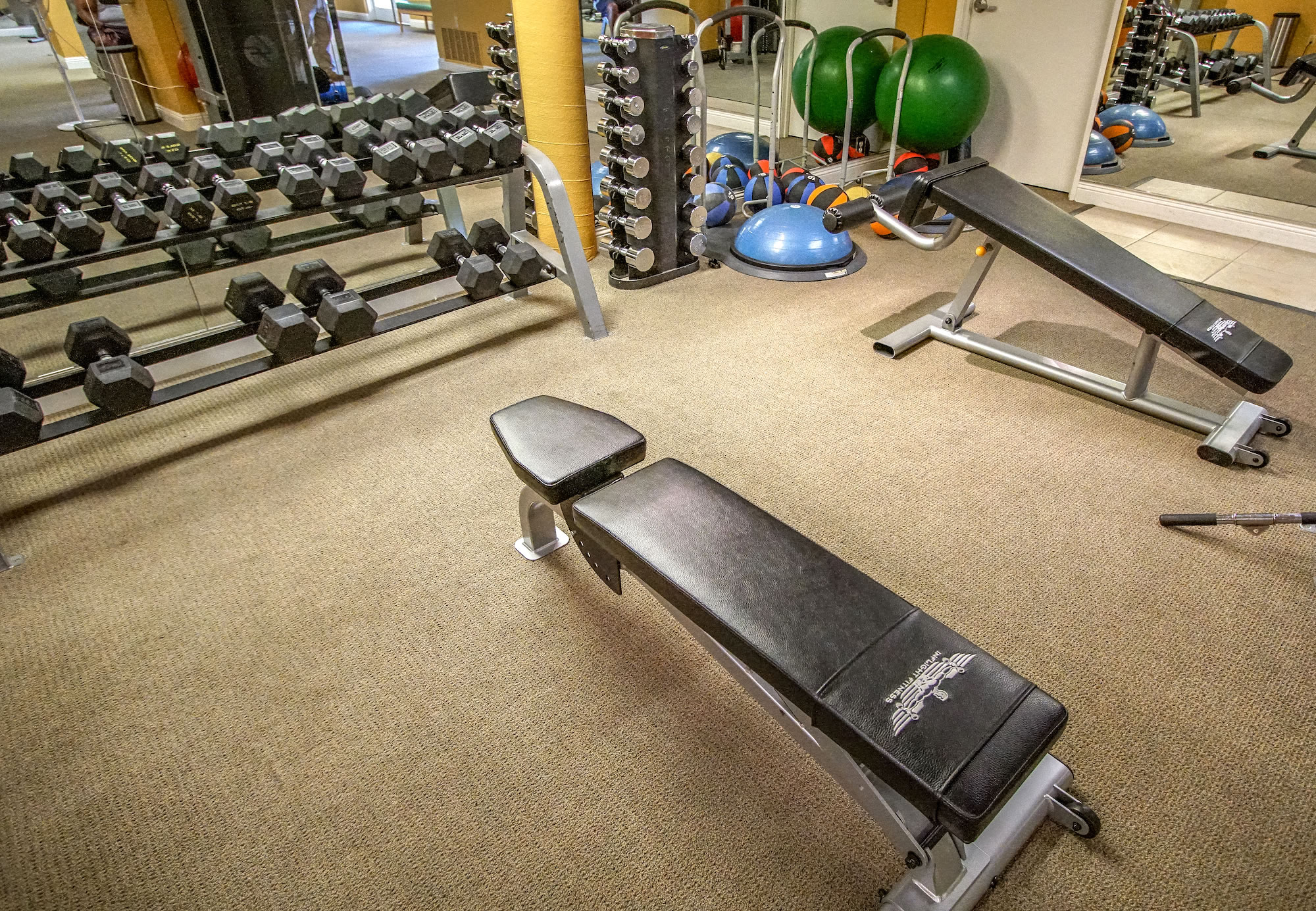 A gym with exercise equipment including dumbbells, exercise benches, and exercise balls.