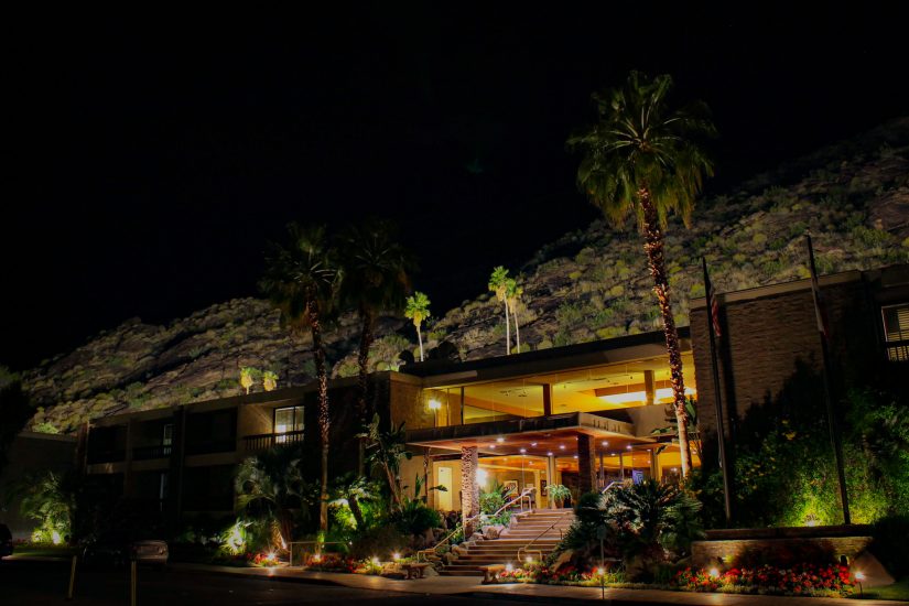 Night time photo of resort entrance