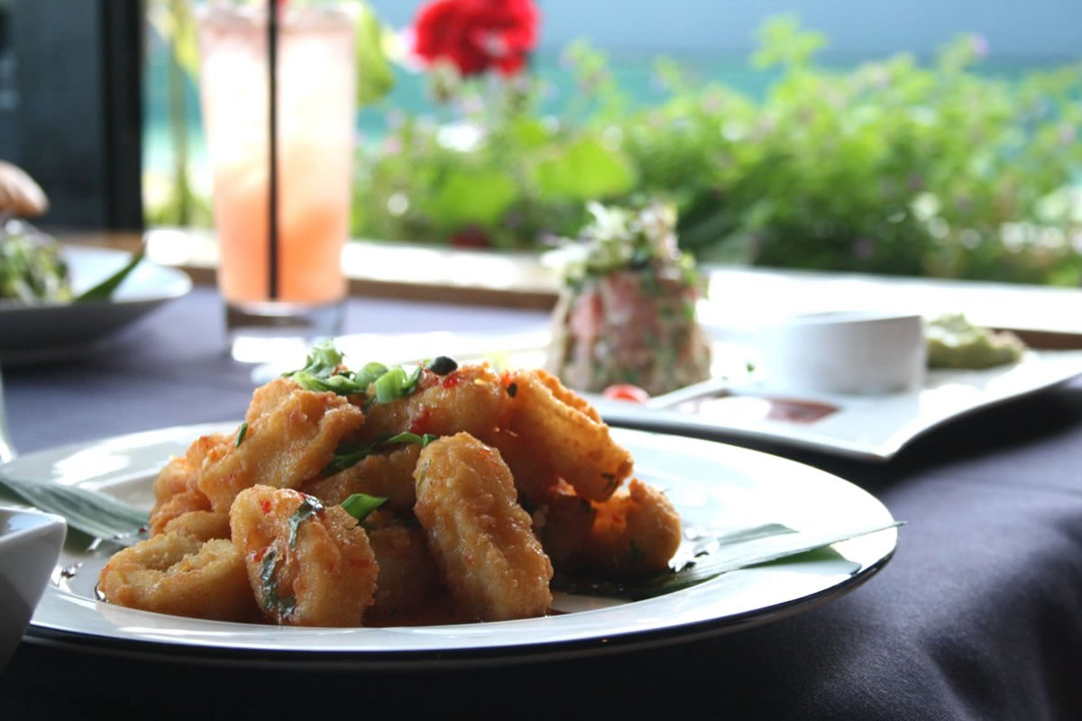 A plate of fried food sits on a table in front of a window with a view.